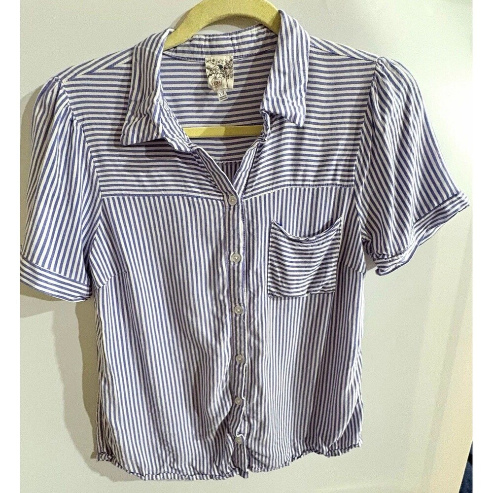 Naif Women’s Blouse PS Blue/White Striped Collared Short Sleeve Cotton Btn